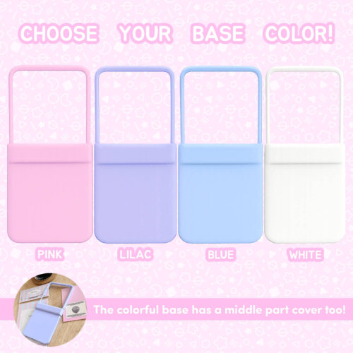 Galaxy Z Flip base color options: pink, lilac, blue, white. Pastel case color selection image for custom kawaii decoden phone cases.