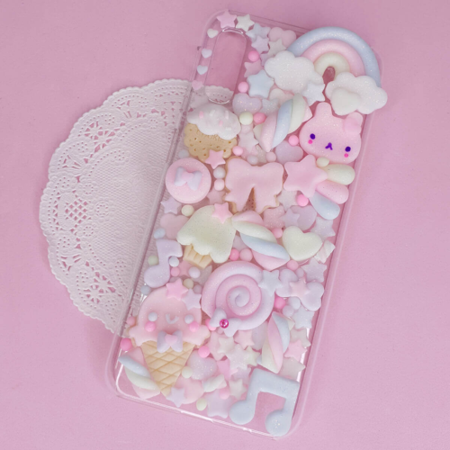 Handmade kawaii decoden phone case with pastel ice cream, charms and a cute bunny