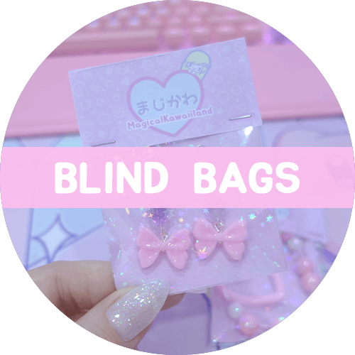Kawaii blind bags, mystery cute accessories, Magical Kawaiiland pastel surprise bag display