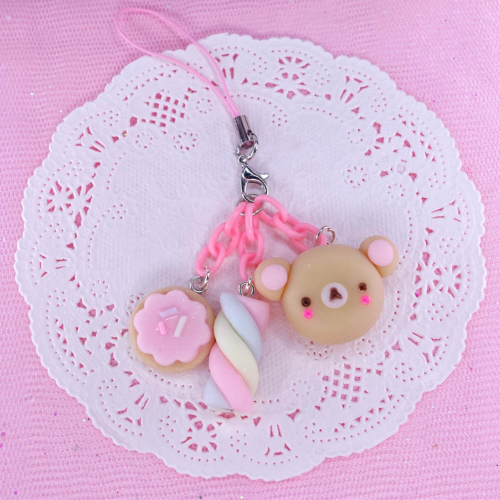 Handmade kawaii phone strap with pastel bear, marshmallow, and cookie charm in polymer clay
