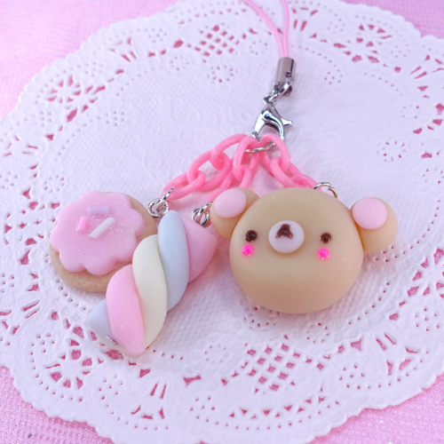 Handmade kawaii phone strap with pastel bear, marshmallow, and cookie charm in polymer clay