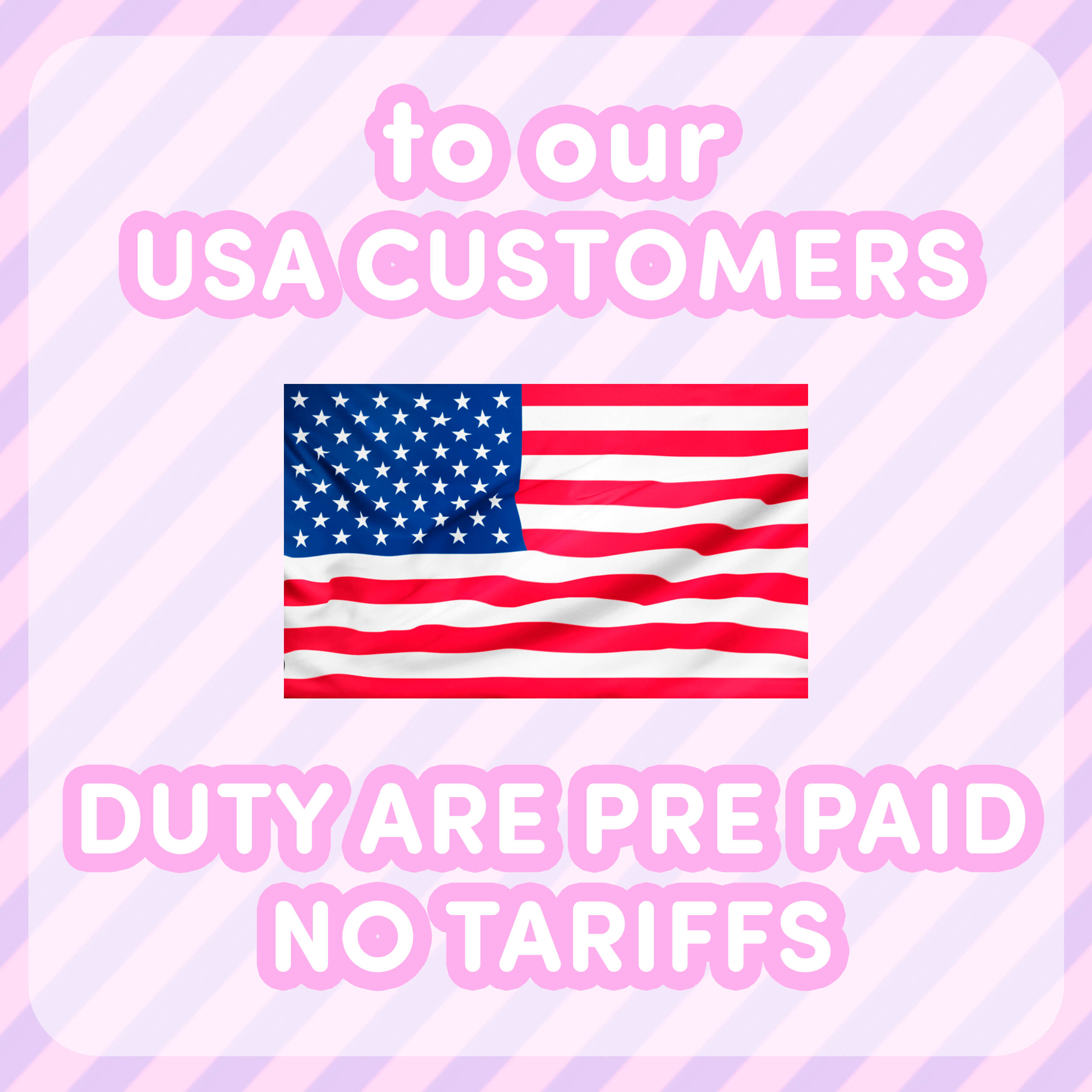 USA shipping information banner with American flag stating duties prepaid no tariffs